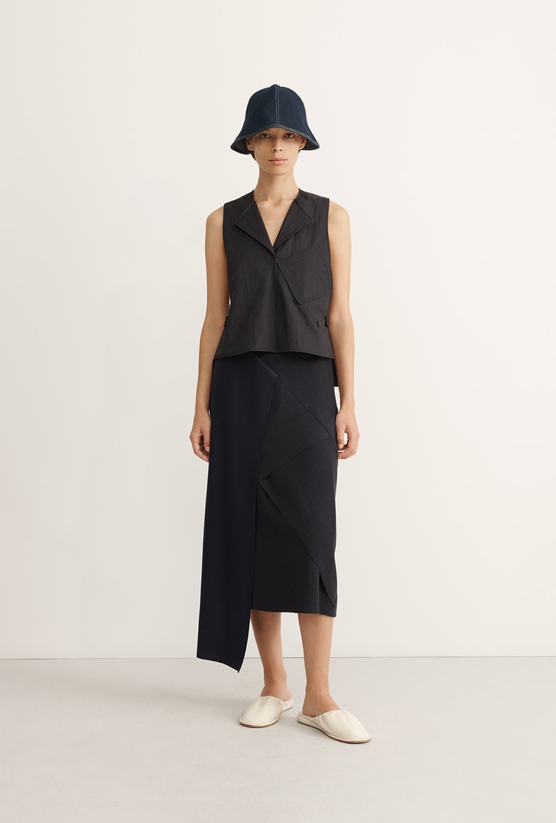 COS Spring Summer 2020 Collection Lookbook Cotton Gilet Indigo Jersey Midi Skirt Black Navy Denim Bucket Hat Indigo