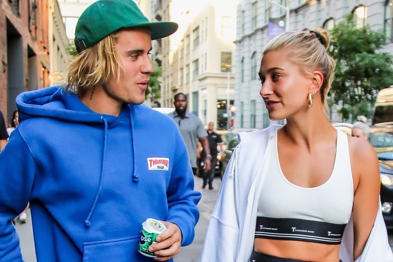 Hailey Baldwin Justin Bieber Couple Celebrity Wedding Married T Alexander Wang Sports Bra White Blue Hoodie Green Hat Cap Gold Hoop Earrings