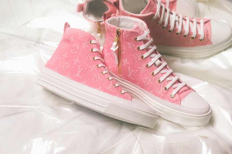 louis vuitton pink white gold monogram denim run away stellar sneakers boot bom dia flat lock it mules footwear shoes 