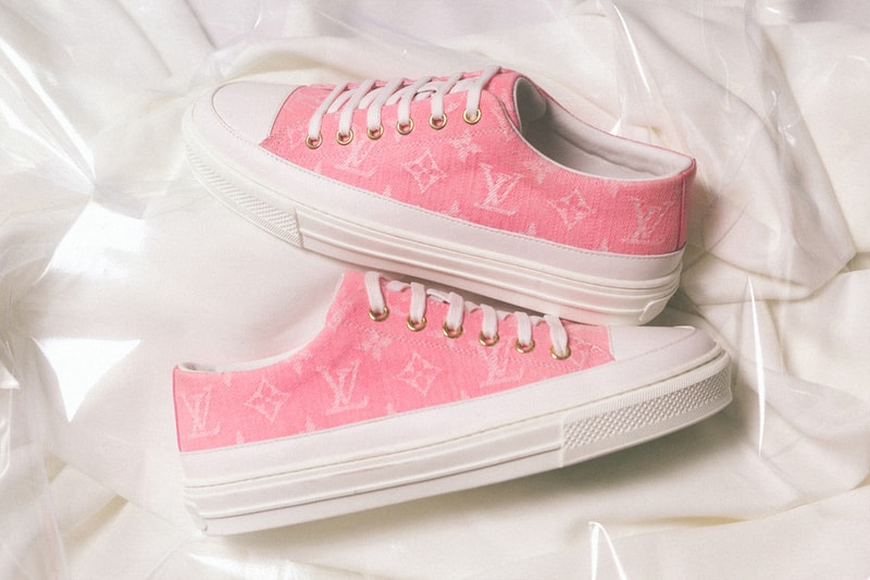 louis vuitton pink white gold monogram denim run away stellar sneakers boot bom dia flat lock it mules footwear shoes 
