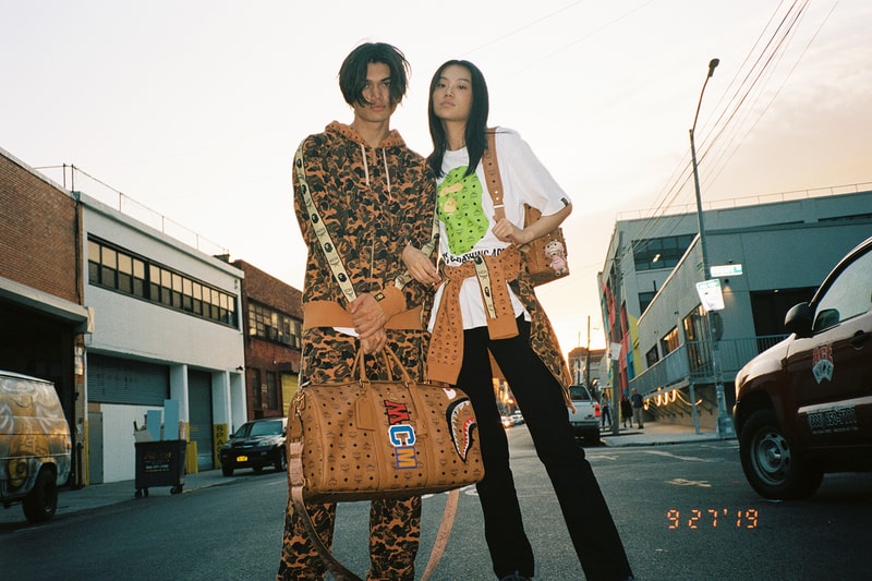 mcm bape collaboration streetwear jackets pants backpack bags fashion campaign lookbook models brooklyn new york