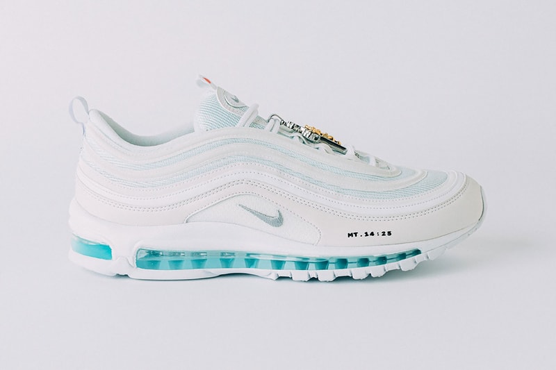 nike air max 97 mschf inri custom sneakers jesus baby blue teal white shoes footwear sneakerhead matthew 14 25