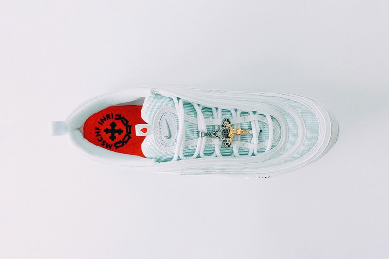 nike air max 97 mschf inri custom sneakers jesus baby blue teal white shoes footwear sneakerhead matthew 14 25