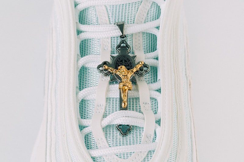 nike air max 97 mschf inri custom sneakers jesus baby blue teal white shoes footwear sneakerhead matthew 14 25
