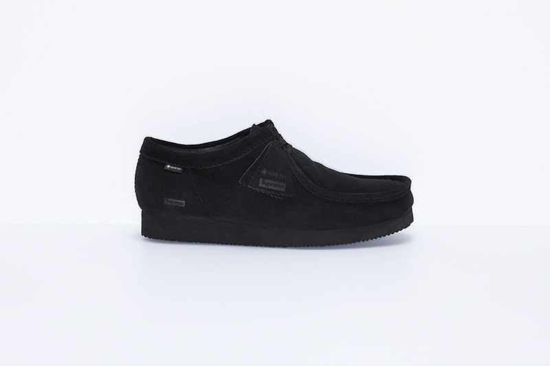supreme clarks originals custom suede wallabee shoes black purple beige camouflage pattern footwear