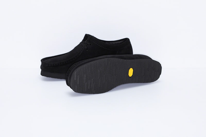 supreme clarks originals custom suede wallabee shoes black purple beige camouflage pattern footwear