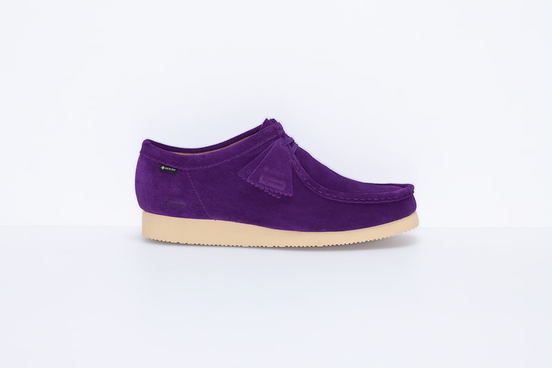 supreme clarks originals custom suede wallabee shoes black purple beige camouflage pattern footwear