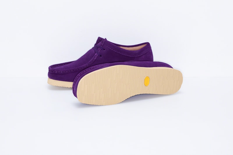 supreme clarks originals custom suede wallabee shoes black purple beige camouflage pattern footwear