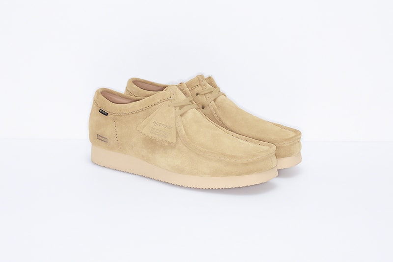 supreme clarks originals custom suede wallabee shoes black purple beige camouflage pattern footwear