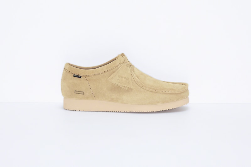 supreme clarks originals custom suede wallabee shoes black purple beige camouflage pattern footwear