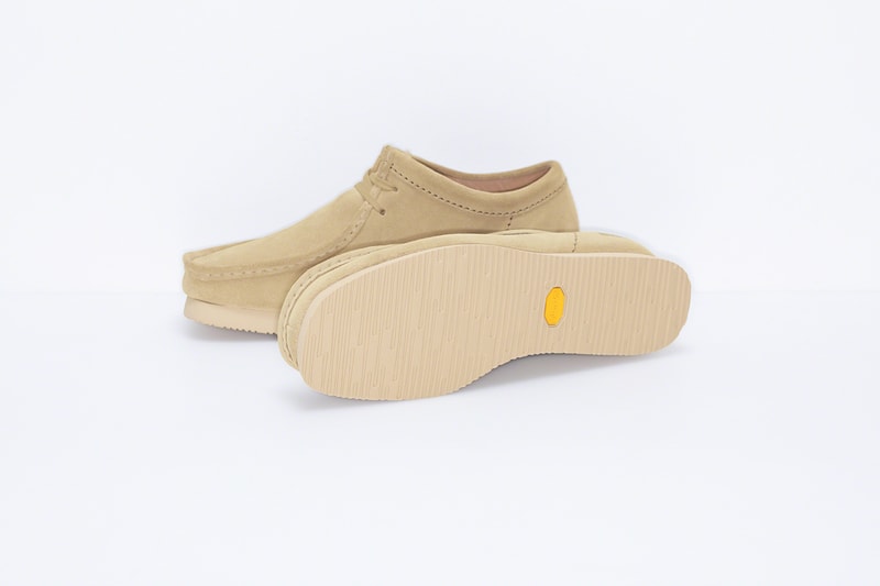 supreme clarks originals custom suede wallabee shoes black purple beige camouflage pattern footwear