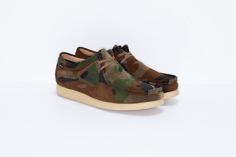 supreme clarks originals custom suede wallabee shoes black purple beige camouflage pattern footwear