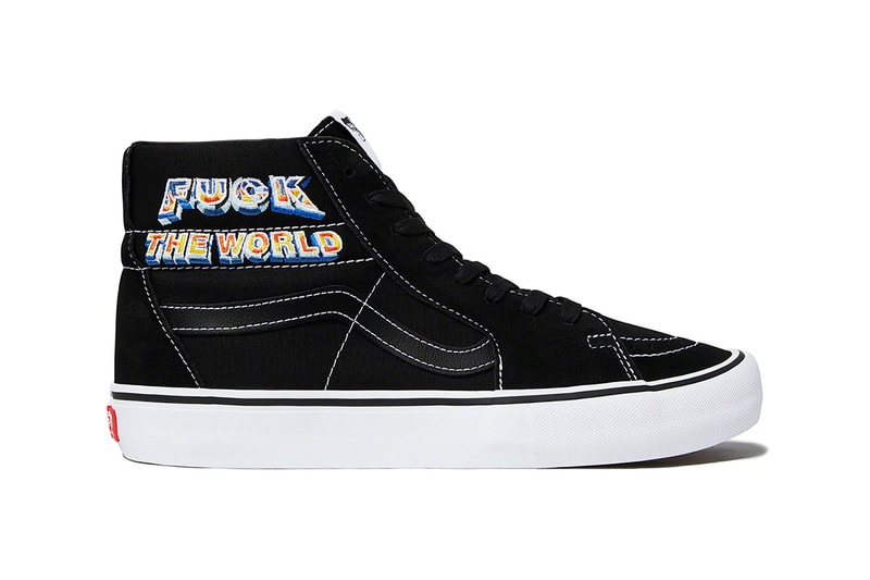 supreme vans sk8 hi pro sneakers navy blue white black yellow shoes footwear sneakerhead fuck the world graphic checker print