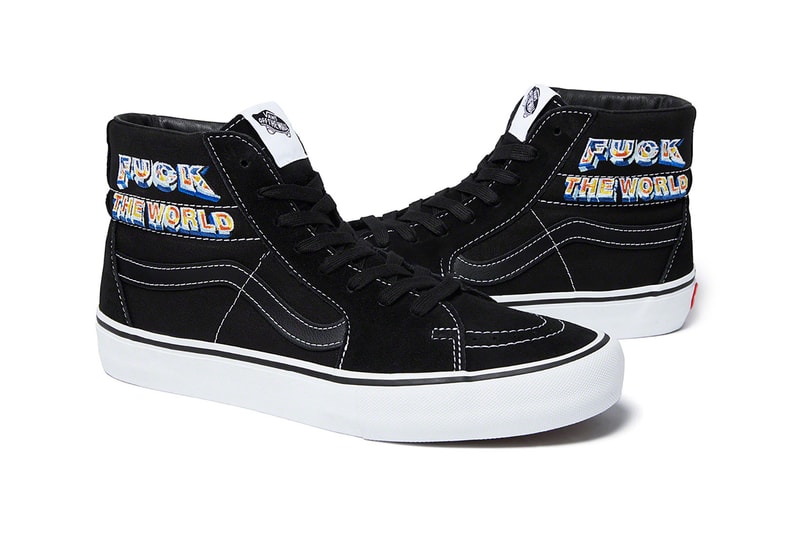 supreme vans sk8 hi pro sneakers navy blue white black yellow shoes footwear sneakerhead fuck the world graphic checker print