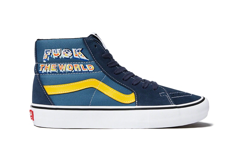 supreme vans sk8 hi pro sneakers navy blue white black yellow shoes footwear sneakerhead fuck the world graphic checker print