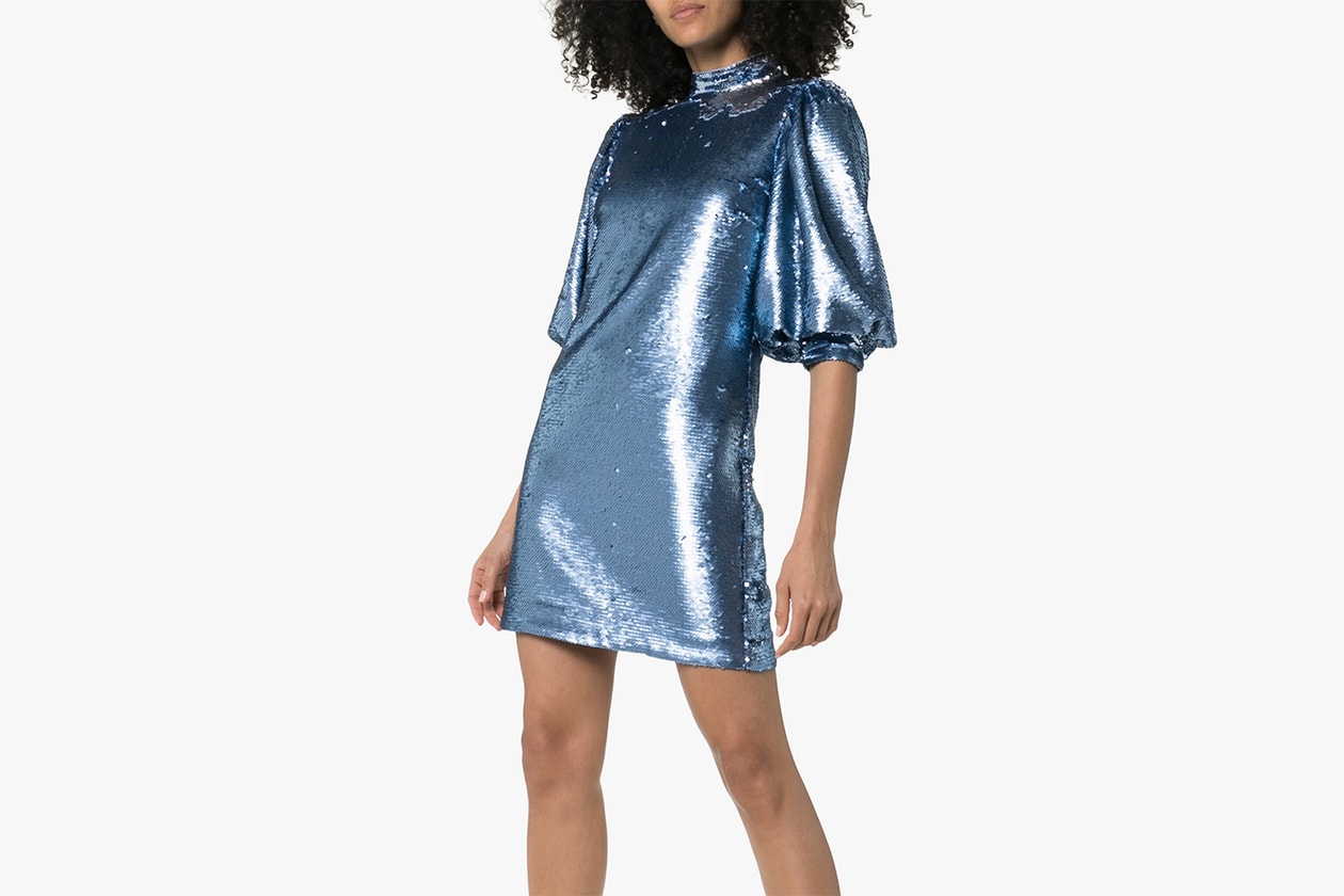 best affordable cocktail party dresses holiday christmas new years versace rotate ganni glitter sparkle blue purple black