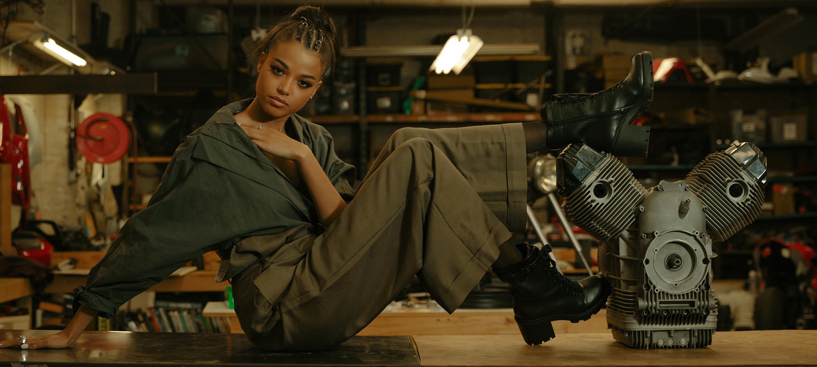 Ella Balinska Charlie's Angels Actor Actress Jane Kano Fashion Editorial Motorcycle Bike Helmet Off-White Virgil Abloh Top Black Floral Vest