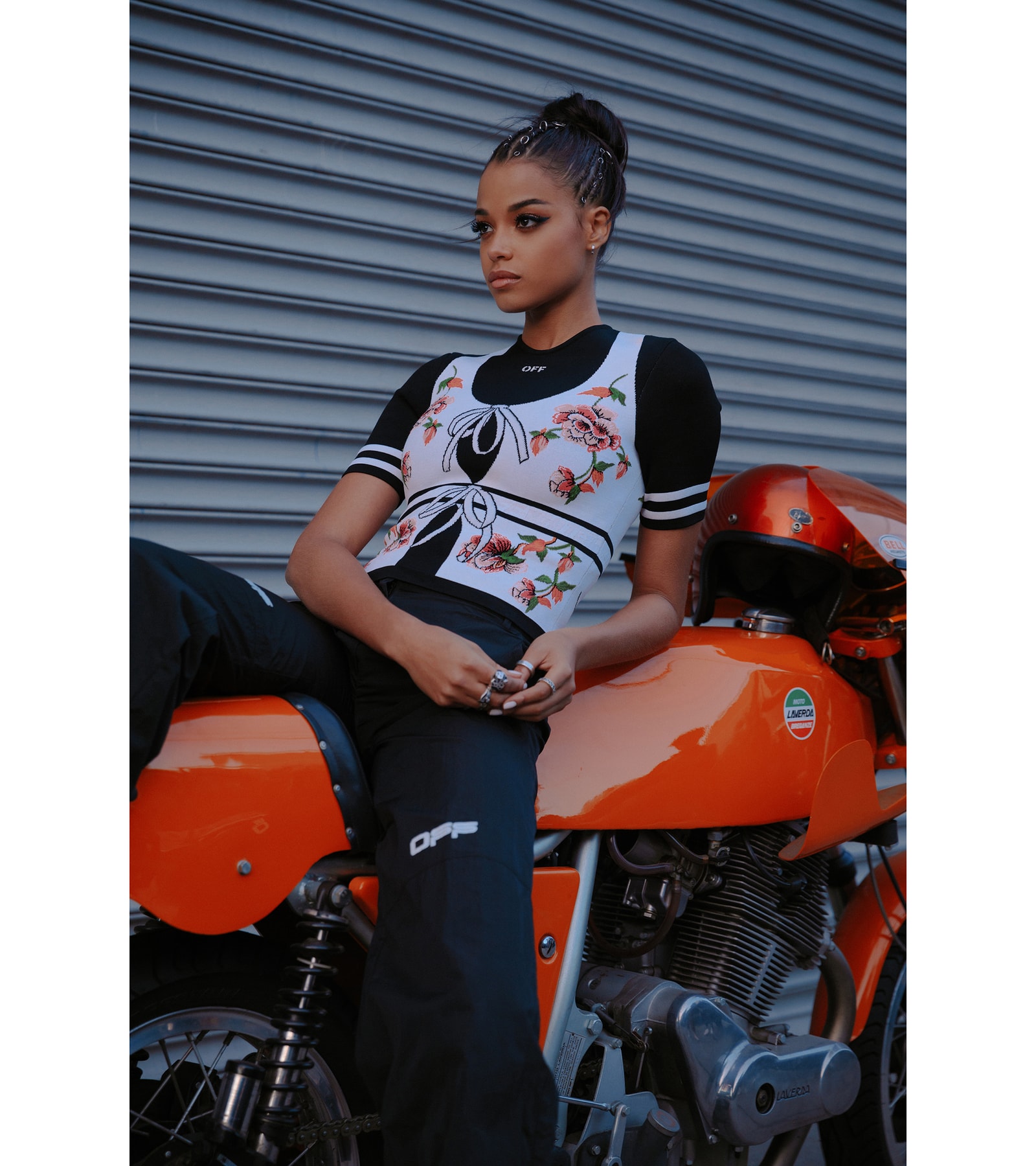 Ella Balinska Charlie's Angels Actor Actress Jane Kano Fashion Editorial Motorcycle Bike Helmet Off-White Virgil Abloh Top Black Floral Vest