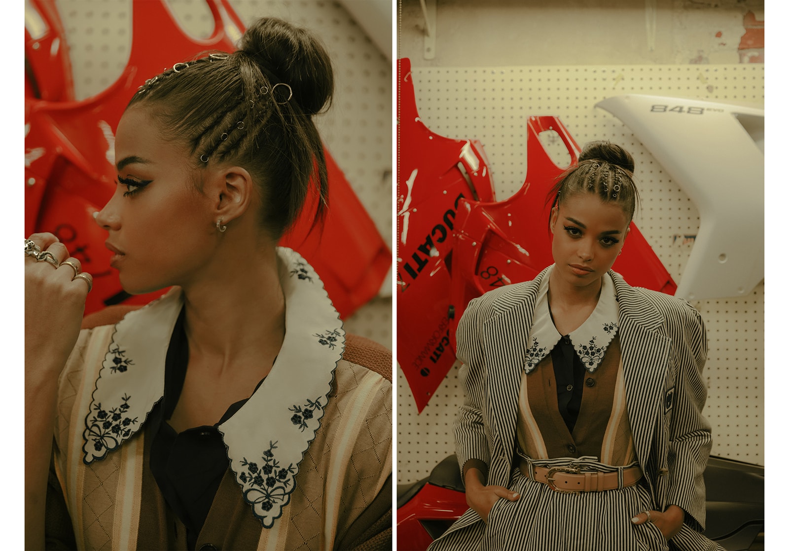 Ella Balinska Charlie's Angels Actor Actress Jane Kano Fashion Editorial Motorcycle Bike Helmet Off-White Virgil Abloh Top Black Floral Vest