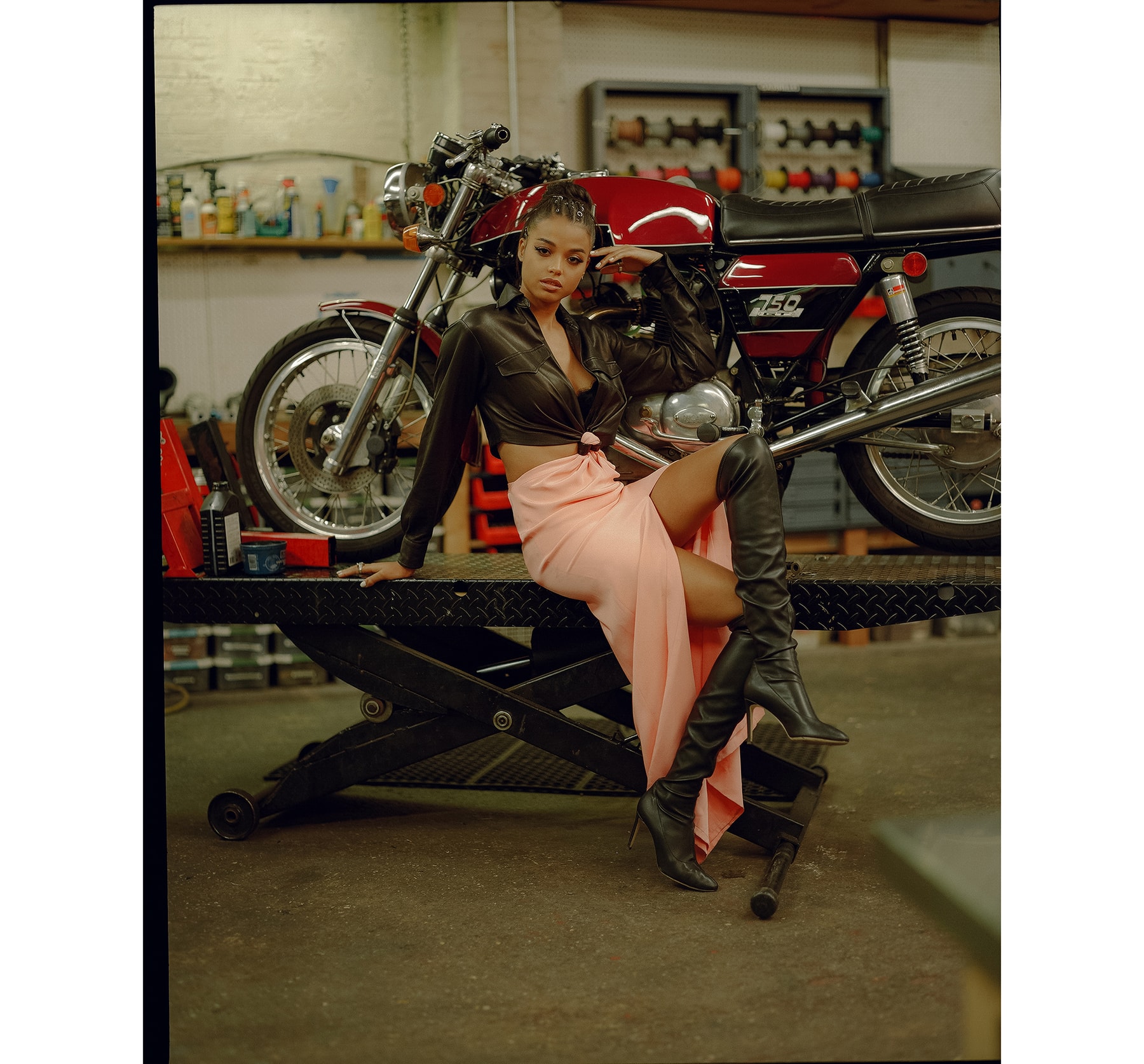 Ella Balinska Charlie's Angels Actor Actress Jane Kano Fashion Editorial Motorcycle Bike Helmet Off-White Virgil Abloh Top Black Floral Vest
