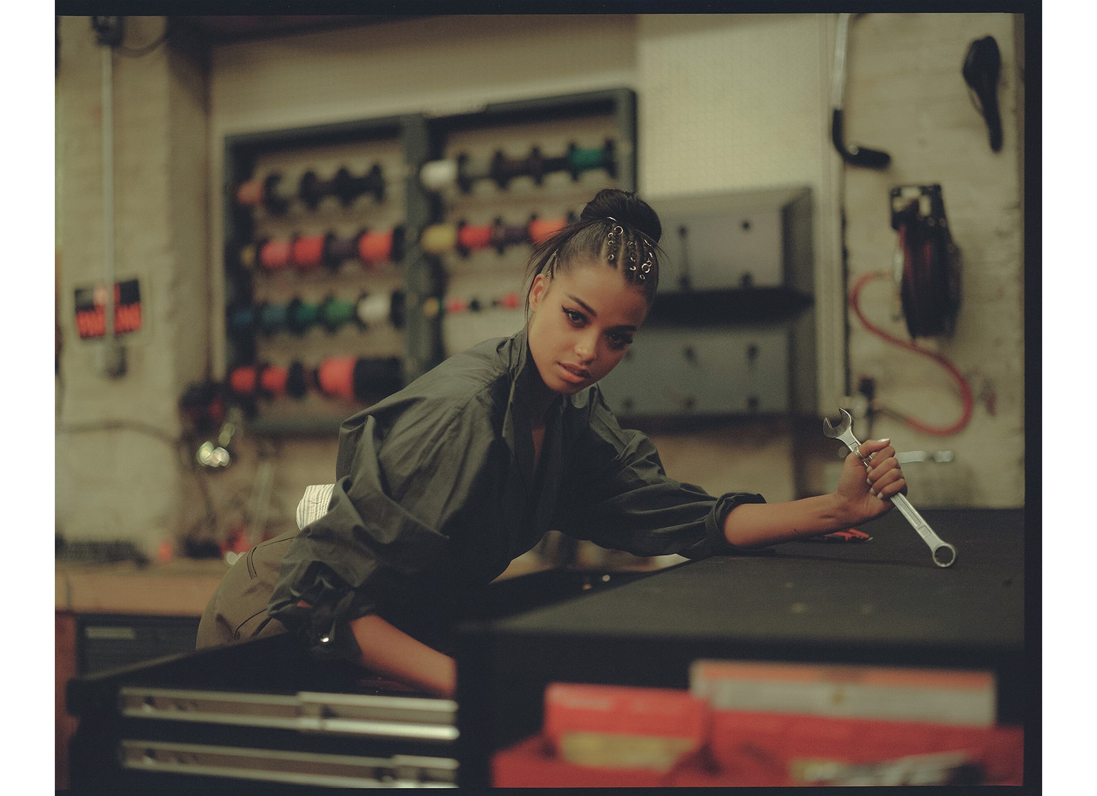 Ella Balinska Charlie's Angels Actor Actress Jane Kano Fashion Editorial Motorcycle Bike Helmet Off-White Virgil Abloh Top Black Floral Vest