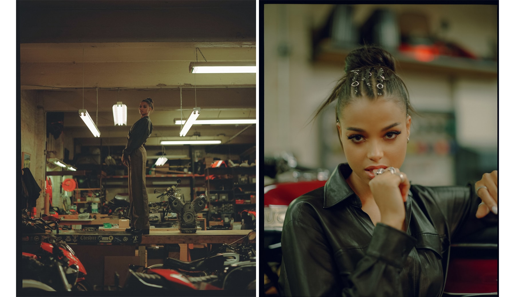 Ella Balinska Charlie's Angels Actor Actress Jane Kano Fashion Editorial Motorcycle Bike Helmet Off-White Virgil Abloh Top Black Floral Vest