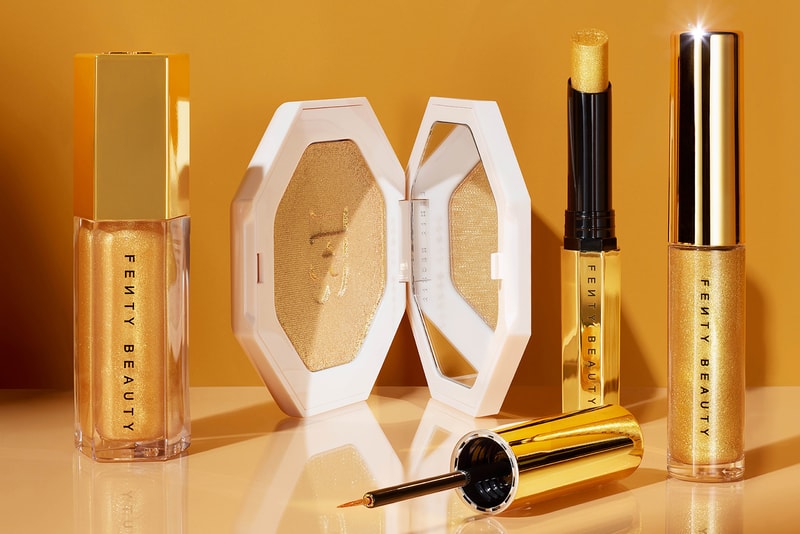 fenty beauty rihanna trophy wife killawat highlighter lipstick lip gloss eyeliner makeup bag gold 