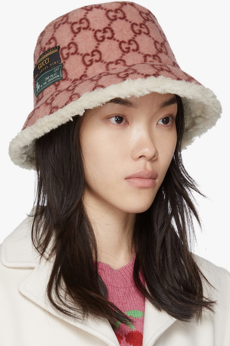Gucci Pink Monogram Logo Fleece Bucket Hat Red Luxury Cozy Accessory 
