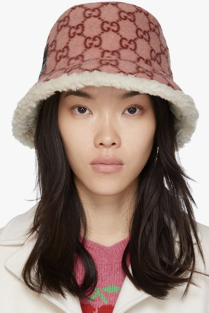 Gucci Pink Monogram Logo Fleece Bucket Hat Red Luxury Cozy Accessory 