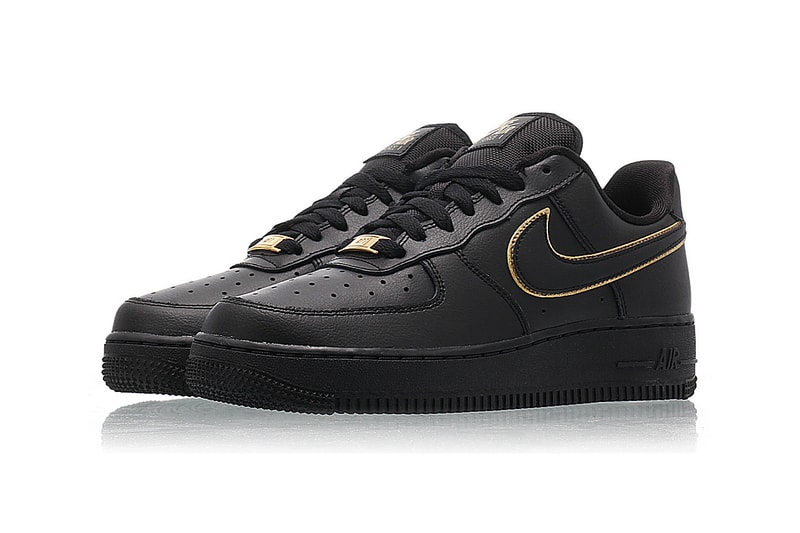 Nike Air Force 1 07 Black White Monochrome Gold Swoosh Outline Sneakers Womens Ladies AF1