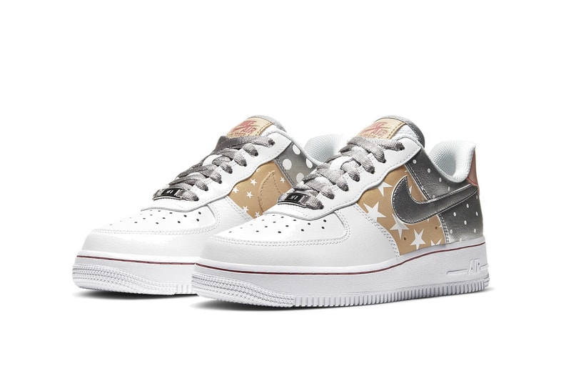 Nike Air Force 1 Metallic Gold Silver Stars Sneaker White Red Trainer Footwear 