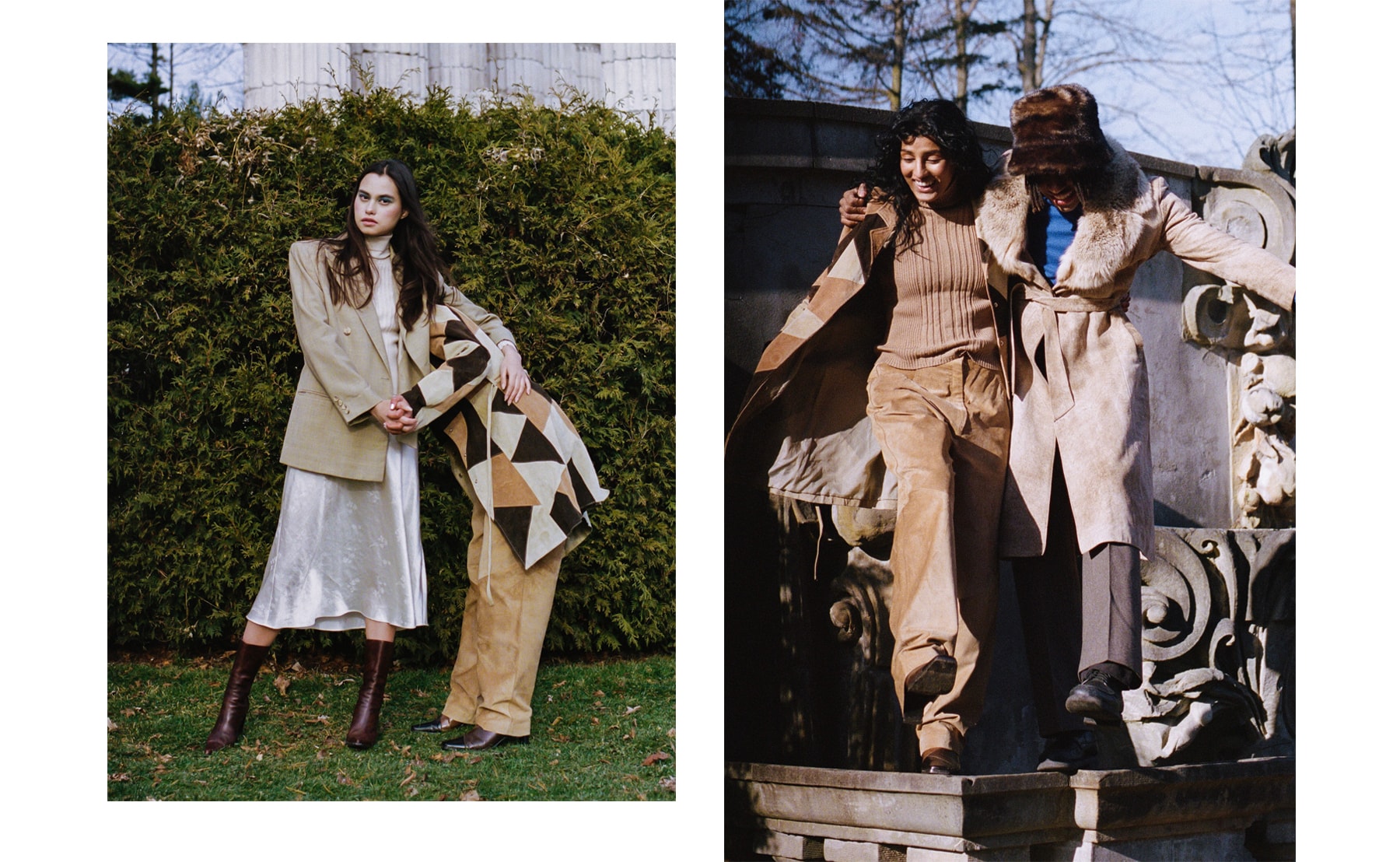 Vintage Fashion Editorial Styling Models Coat Winter Sweater Beige Brown