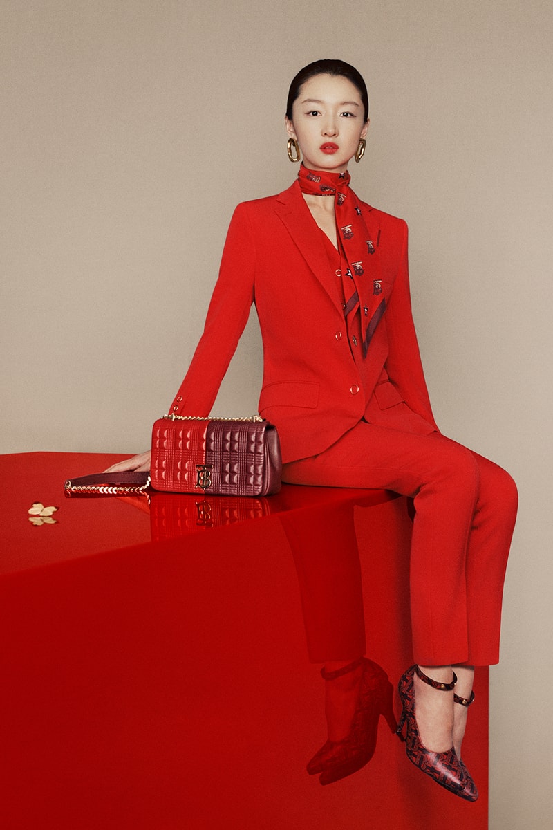 burberry chinese new year 2020 campaign union sneaker lola bag zhou dongyu liang jiyuan jackets scarf blazer red jewelry lola bag