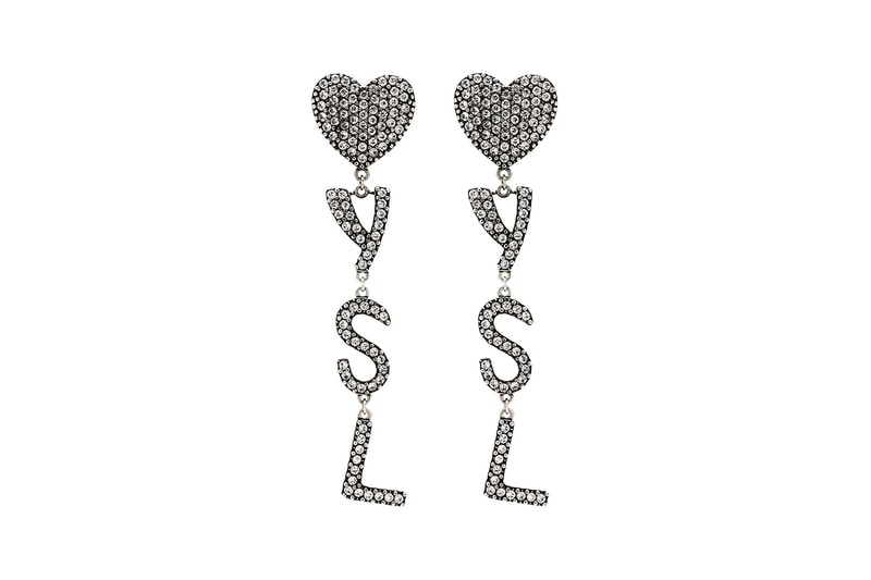 saint laurent ysl silver tone heart drop earrings jewelry accessories crystal brass