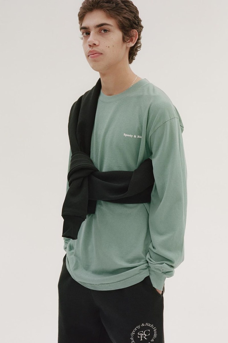 Emily Oberg Sporty & Rich Drop 3 Red Dad Cap Logo Health and Wellness Club Sweater Sweatshirt Crewneck Black Sweatpants Men Male Model