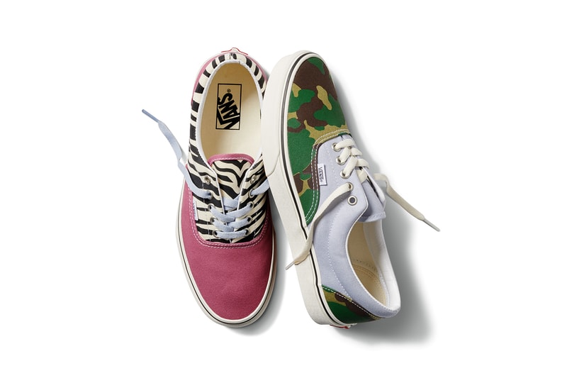 vans era slip on style 36 mismatch sneakers camo zebra print black pastel purple green pink