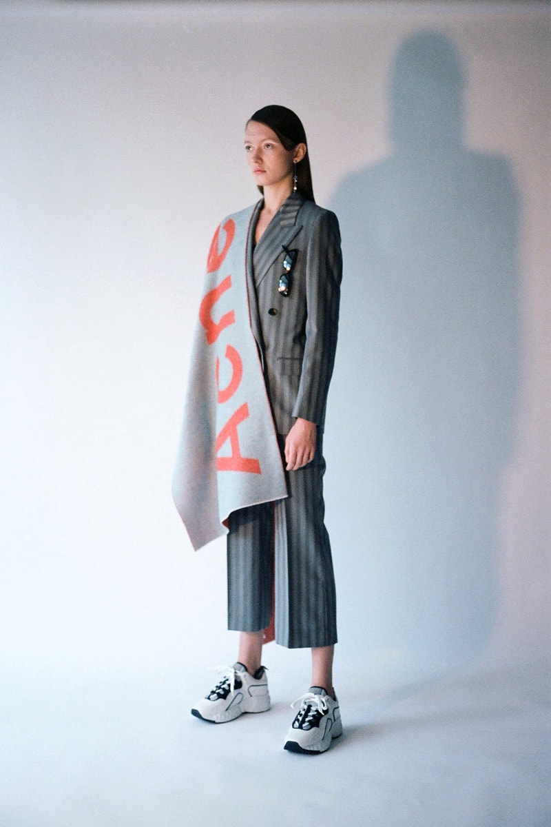 Acne Studios Spring/Summer 2020 Collection Blazer Pants Suit Grey Stripe Logo Scarf Blue Orange