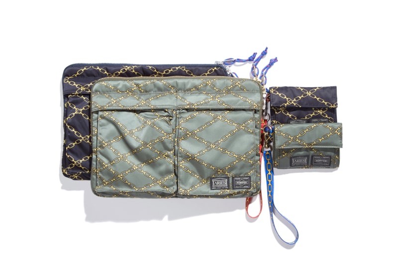 aries porter bags wallets accessories waist helmet chain print pattern olive green black nylon material japan collaboration collection