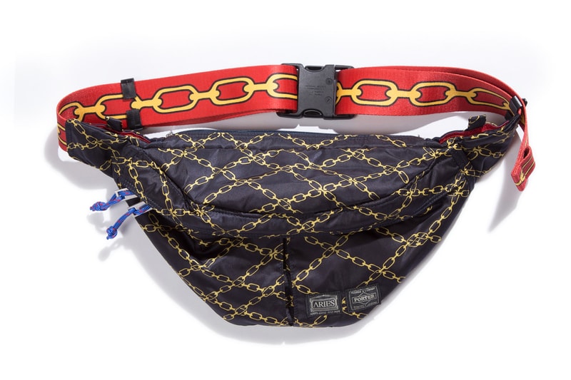 aries porter bags wallets accessories waist helmet chain print pattern olive green black nylon material japan collaboration collection
