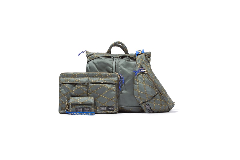 aries porter bags wallets accessories waist helmet chain print pattern olive green black nylon material japan collaboration collection