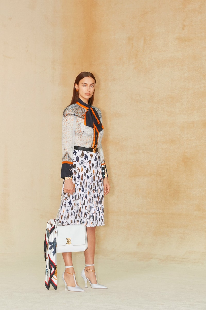 burberry pre fall 2020 collection riccardo tisci tb monogram outerwear skirts bags irina-shayk boots hats accessories 