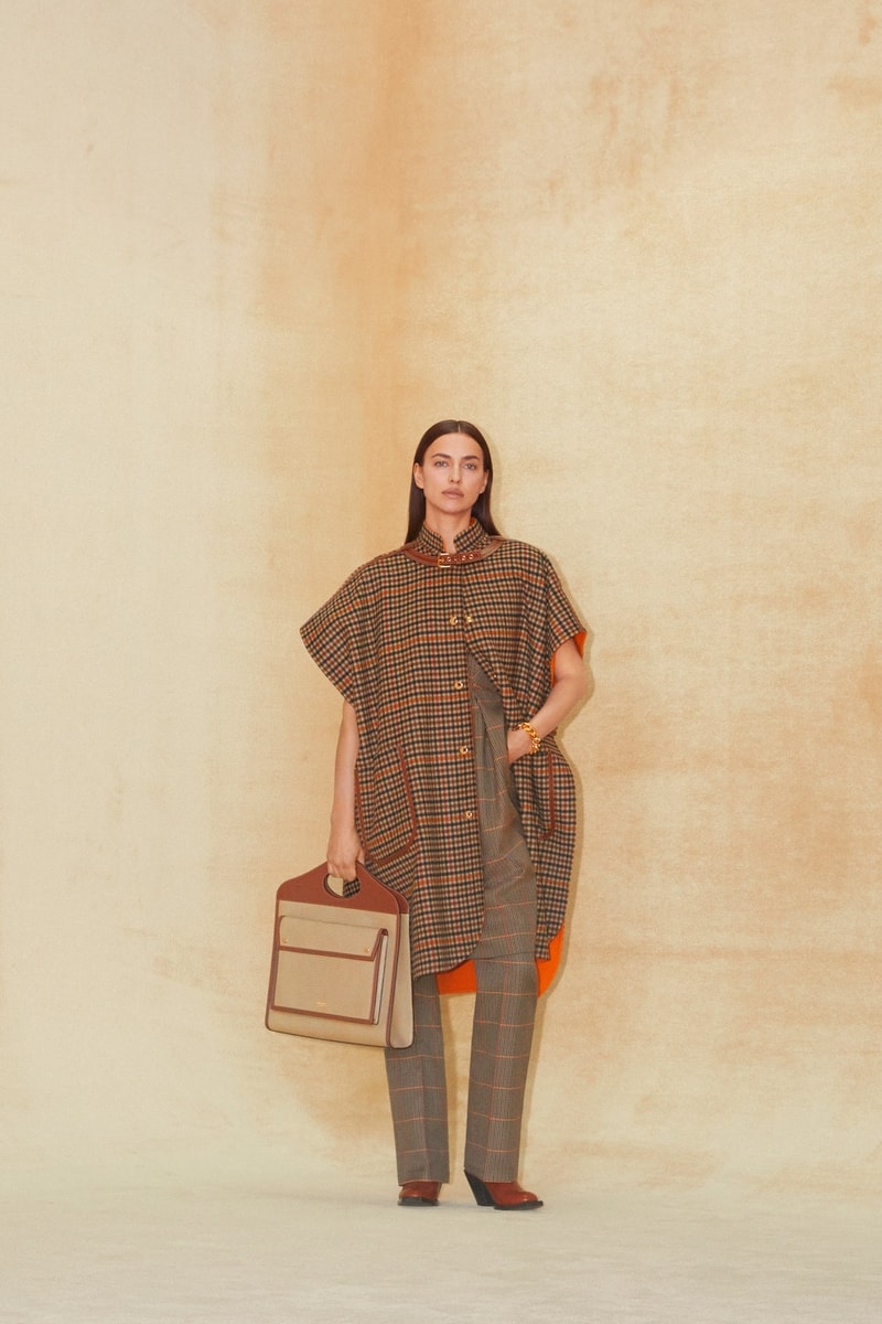 burberry pre fall 2020 collection riccardo tisci tb monogram outerwear skirts bags irina-shayk boots hats accessories 
