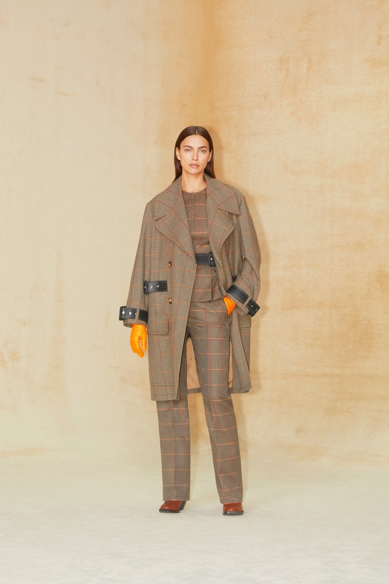 burberry pre fall 2020 collection riccardo tisci tb monogram outerwear skirts bags irina-shayk boots hats accessories 