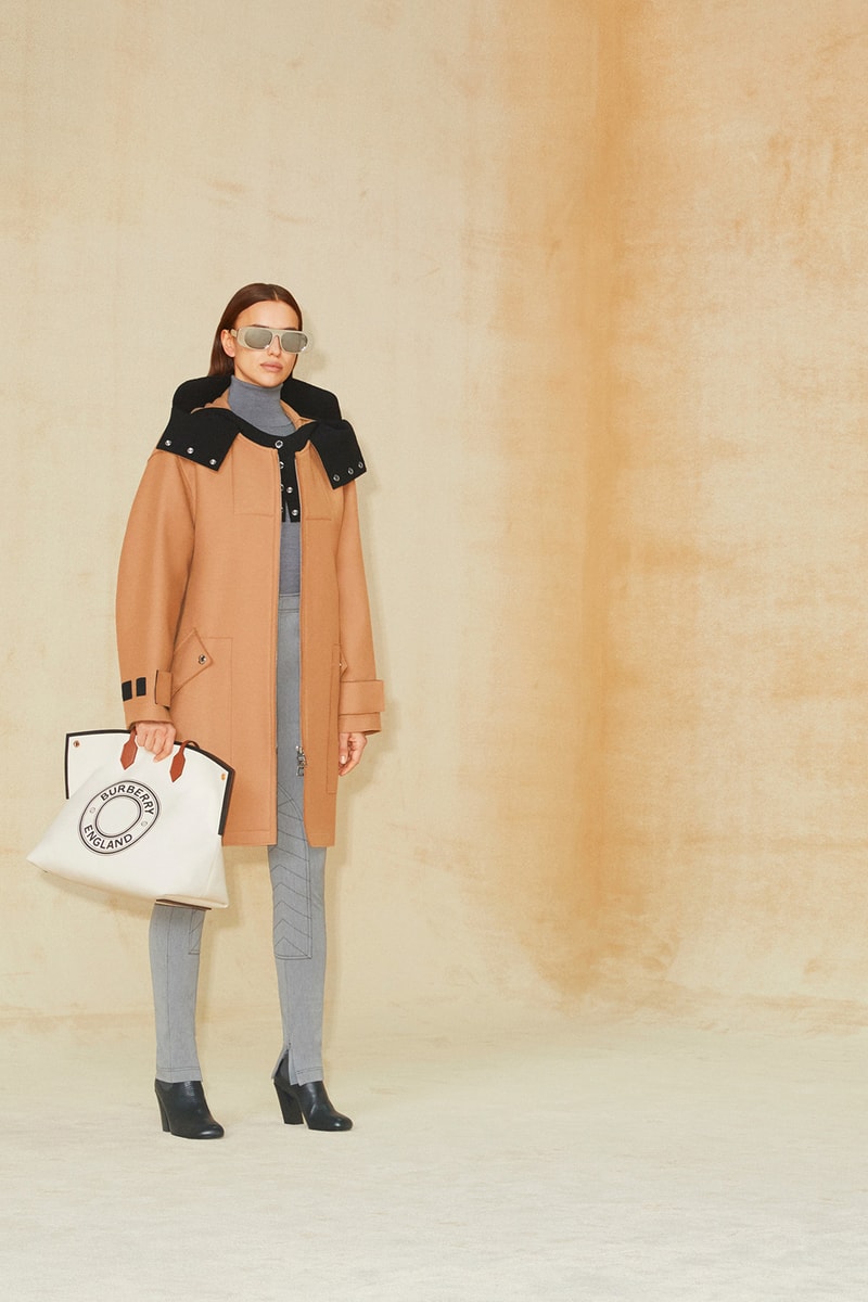 burberry pre fall 2020 collection riccardo tisci tb monogram outerwear skirts bags irina-shayk boots hats accessories 
