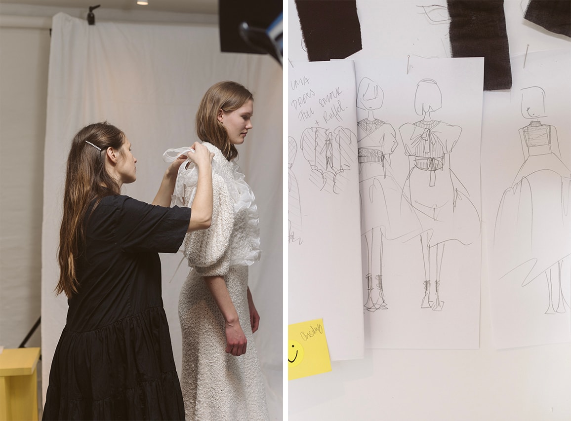 Cecilie Bahnsen FW20 Fall Winter 2020 Collection Runway Show Fitting Backstage Danish Designer Copenhagen Fashion Week White Dresses Models Caroline Brasch Nielsen 