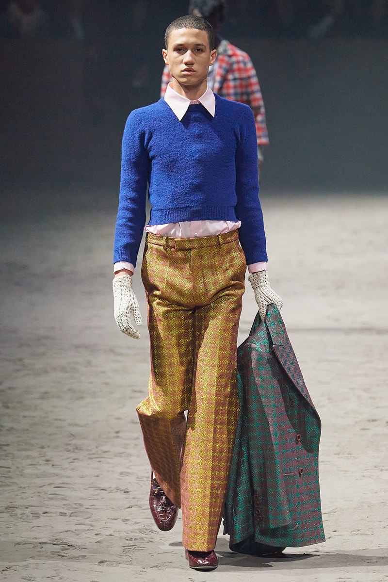 Gucci Fall/Winter 2020 Men's Collection Sweater Blue Check Pants Yellow