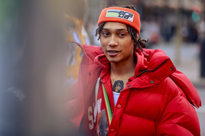 London Fashion Week Men's Fall/Winter 2020 Street Style Red Puffer Prada Headband