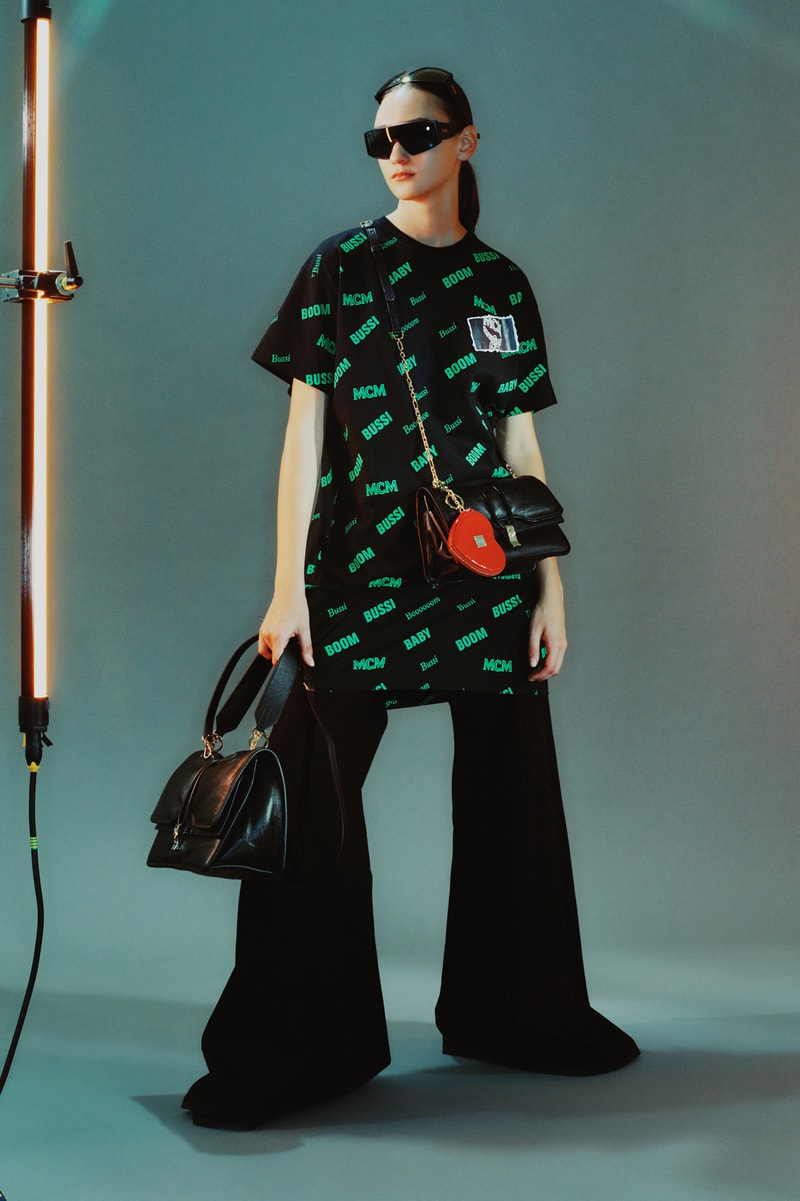 MCM Spring/Summer 2020 Collection Lookbook Flare Pants Black Logo T-Shirt Green