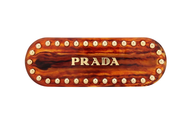 prada embellished logo hair clip brown gold accessory