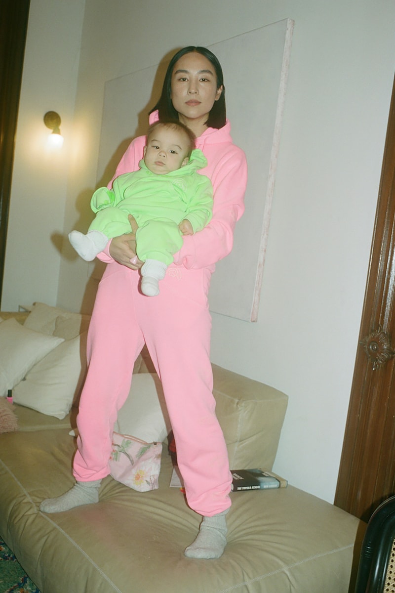 sandy liang two bridges collaboration limited edition hoodies sweatpants sets neon green pink greta lee